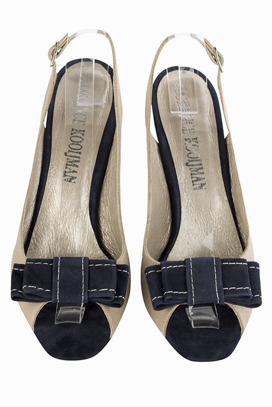 Tan beige and navy blue women's slingback sandals. Square toe. Medium comma heels. Top view - Florence KOOIJMAN